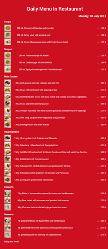 Phoca Restaurant Menu - Screenshot of Daily Menu